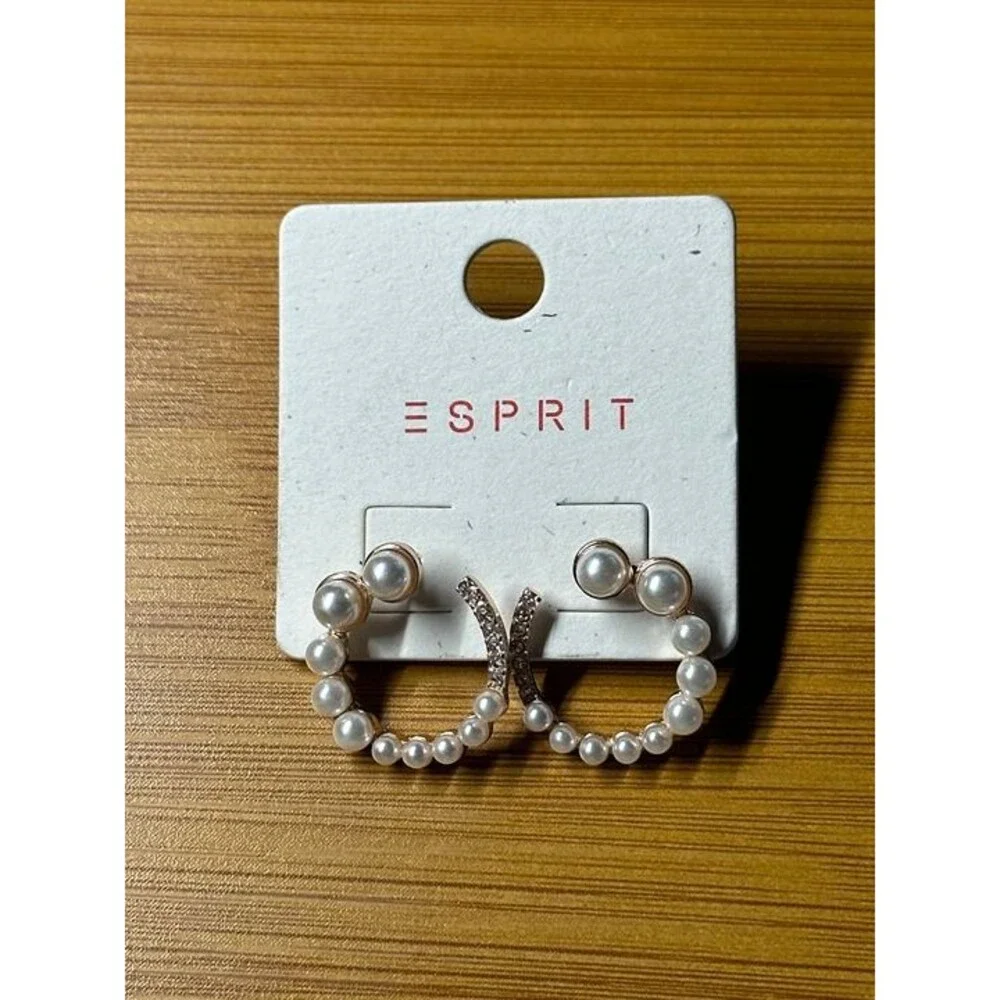 ESPRIT Gold Tone Pearl Rhinestone Hoop Earrings Crescent Style Boho New Pair
